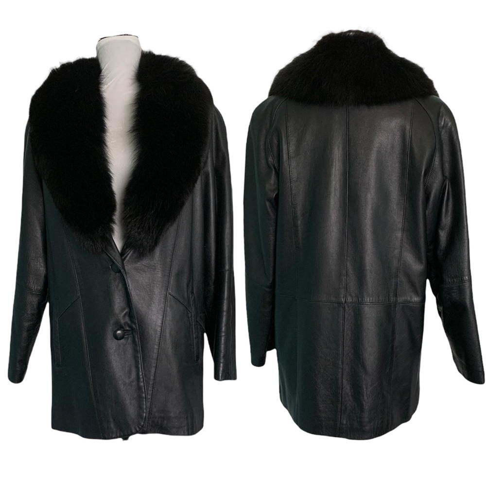 Vintage Chosen black leather fur collar car coat